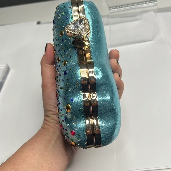 Damara Hardshell Evening Teal Metallic Geometric Clutch Shoulder Bag - New - Picture 10 of 12